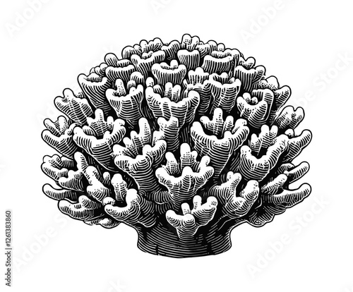 Pocillopora coral engraving black and white outline