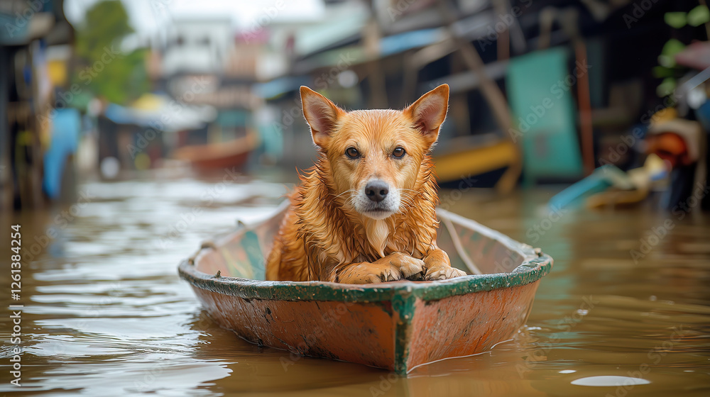 A wet dog sits on a small boat in a flooded area, looking directly at the camera with a solemn expression.