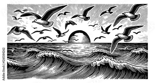 flock of seagulls flying above the ocean at sunrise engraving black and white outline