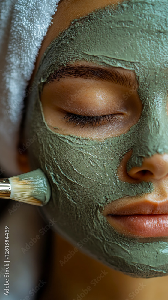 Fototapeta premium Relaxing spa experience featuring a woman enjoying a green clay mask application in a serene salon atmosphere while her eyes are gently closed
