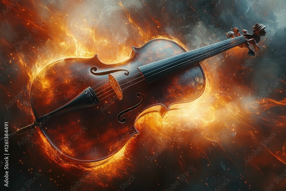 Fototapeta premium Fiery cello ablaze, musical passion ignited.