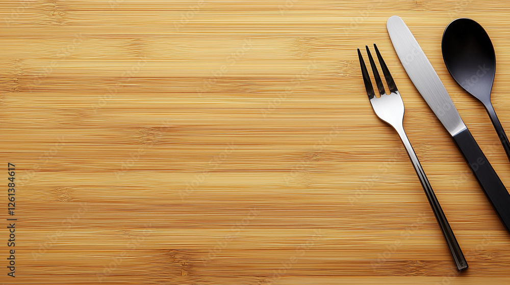 Flat Lay of Minimalist Stainless-Steel Cutlery on a Smooth Bamboo Background with Blank Space for Text, Representing Contemporary Dining and Food Styling Flat Lay of Minimalist Stainless-Steel Cutlery on a Smooth Bamboo Background with Blank Space for Text, Representing Contemporary Dining and Food Styling