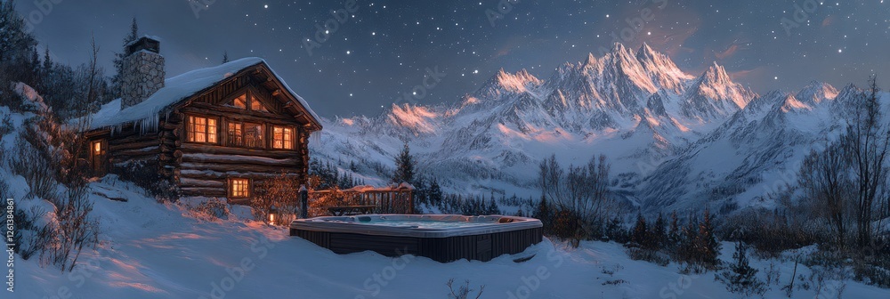 Fototapeta premium Cozy log cabin hot tub snowy mountain vista