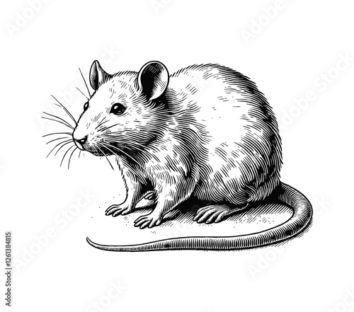 single albino rat engraving black and white outline