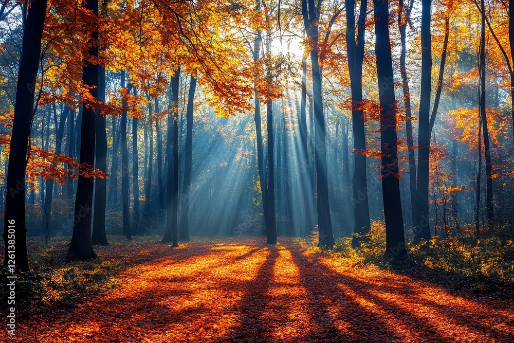 Fototapeta premium Autumn sunlight beams through misty forest, fallen leaves on path, nature scene