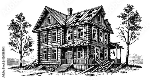 abandoned wooden house with broken windows, missing planks engraving black and white outline