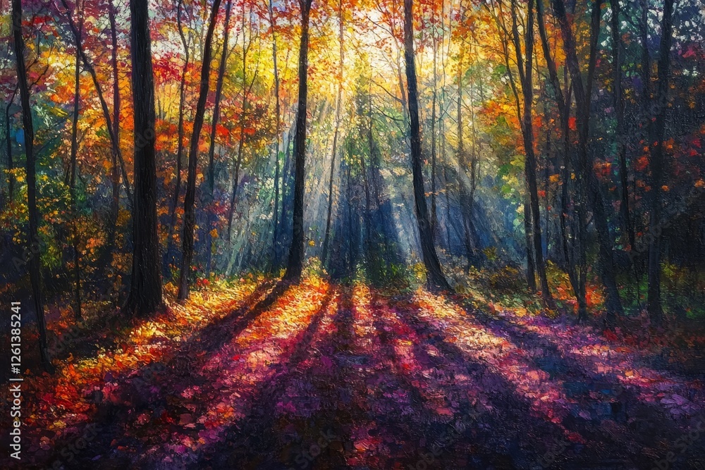 Autumn forest sun rays, fall foliage, nature scene, peaceful background, ideal for calendar Autumn forest sun rays, fall foliage, nature scene, peaceful background, ideal for calendar