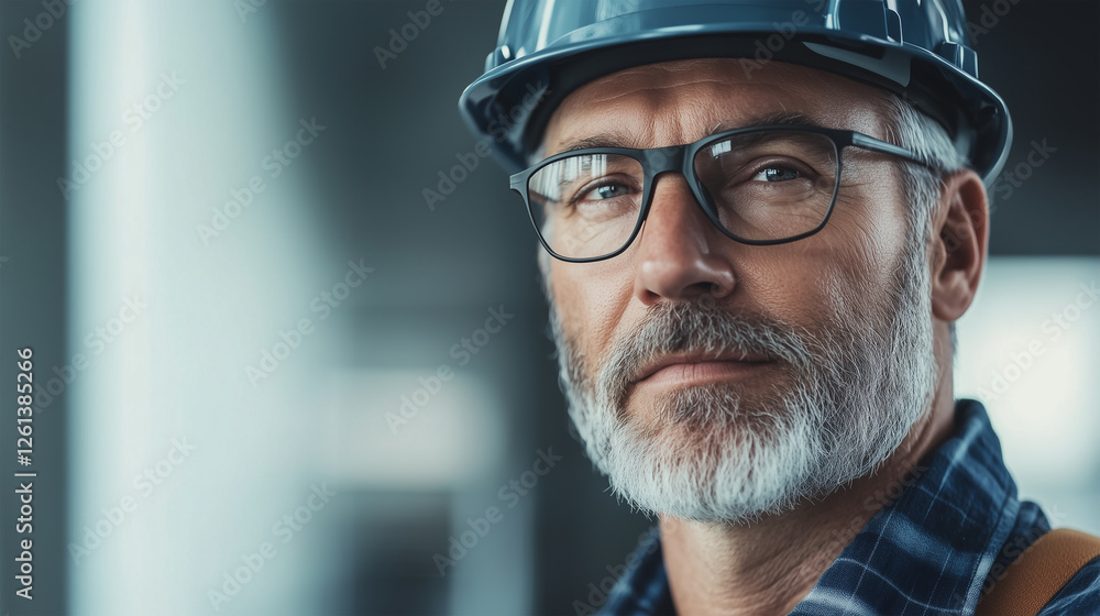 Experienced male construction engineer with gray beard and glasses wearing a safety helmet, attentively inspecting a construction site with a confident and focused expression Experienced male construction engineer with gray beard and glasses wearing a safety helmet, attentively inspecting a construction site with a confident and focused expression