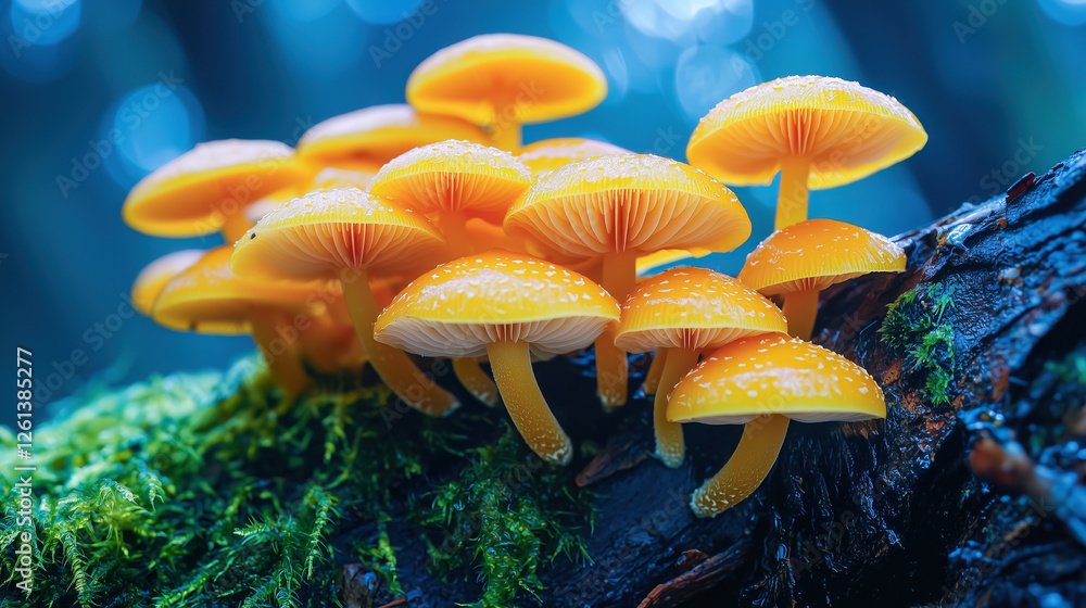 Vibrant yellow mushrooms cluster on a mossy branch, their bright caps contrasting with the deep green and blue hues of the forest floor.
