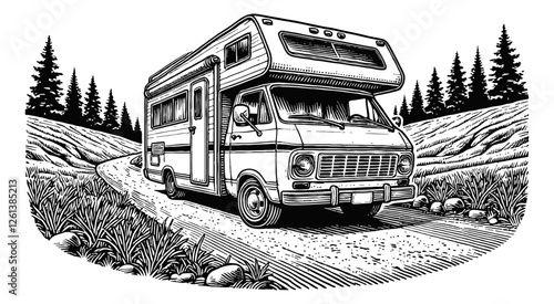 travel van engraving black and white outline