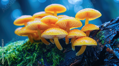 Obraz na płótnie Vibrant yellow mushrooms cluster on a mossy branch, their bright caps contrasting with the deep green and blue hues of the forest floor. w salonie