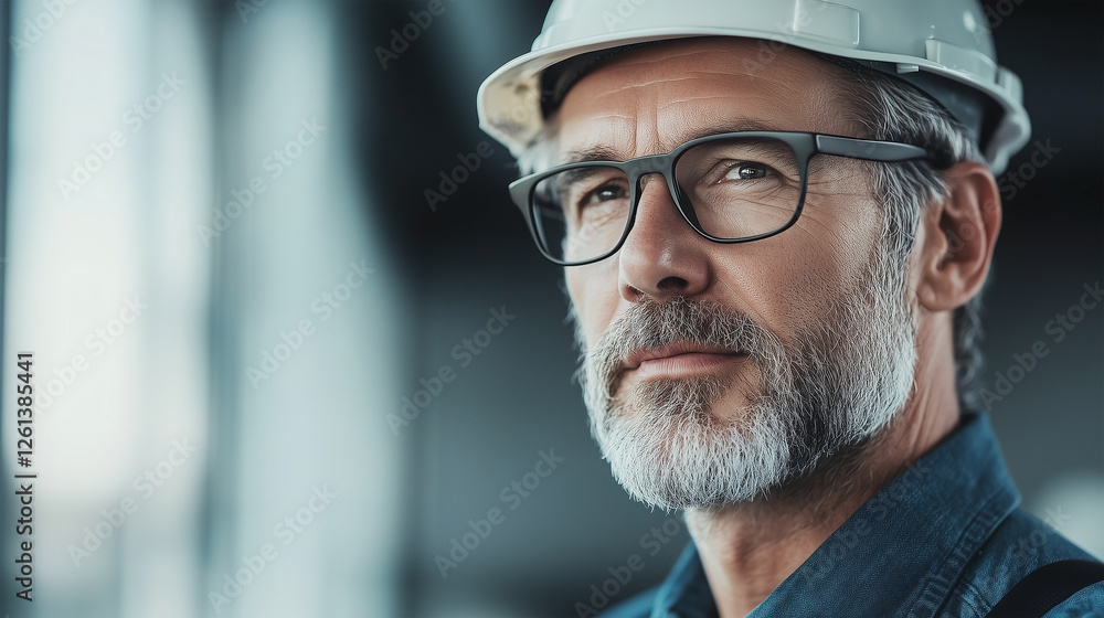 Experienced male construction engineer with gray beard and glasses wearing a safety helmet, attentively inspecting a construction site with a confident and focused expression Experienced male construction engineer with gray beard and glasses wearing a safety helmet, attentively inspecting a construction site with a confident and focused expression