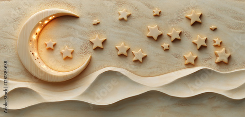 A crescent moon and stars carved from wood, arranged neatly on a sandy beige background.