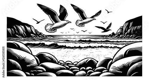 ocean scene with seagulls flying over rocks engraving black and white outline