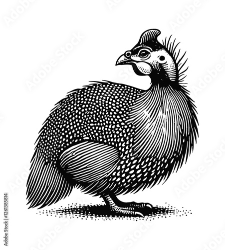 guinea fowl engraving black and white outline