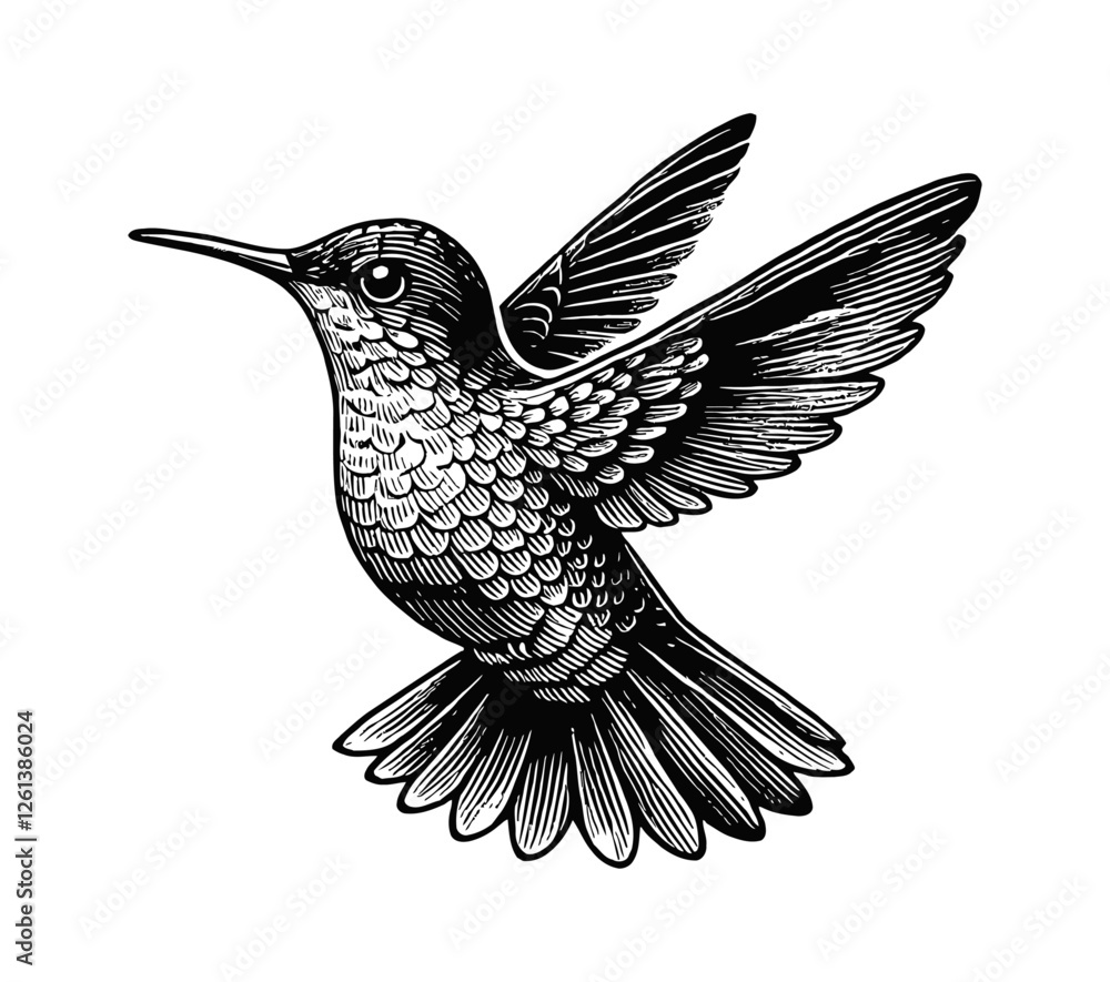 Obraz premium hummingbird engraving black and white outline