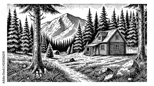 small cabin in the woods with mountains in the background engraving black and white outline