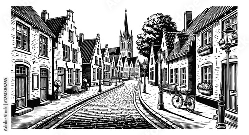 European village street engraving black and white outline