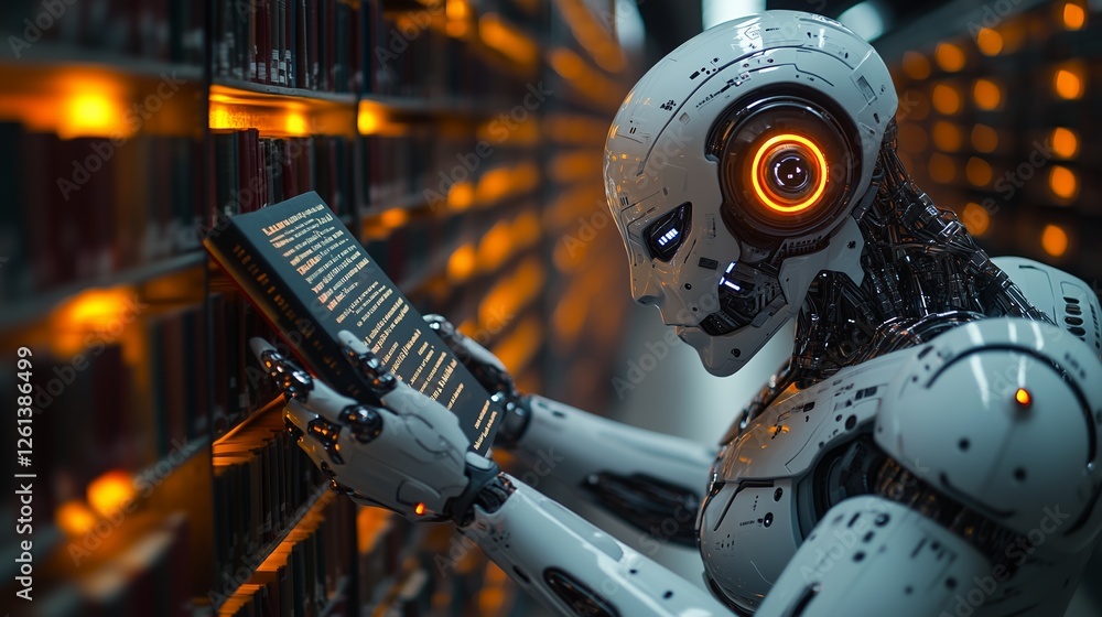 Fototapeta premium The robot’s hand reaching for a book in a library with orange neon accents. 2