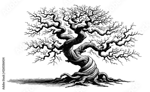 gnarled tree engraving black and white outline