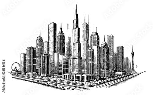 modern city skyline engraving black and white outline