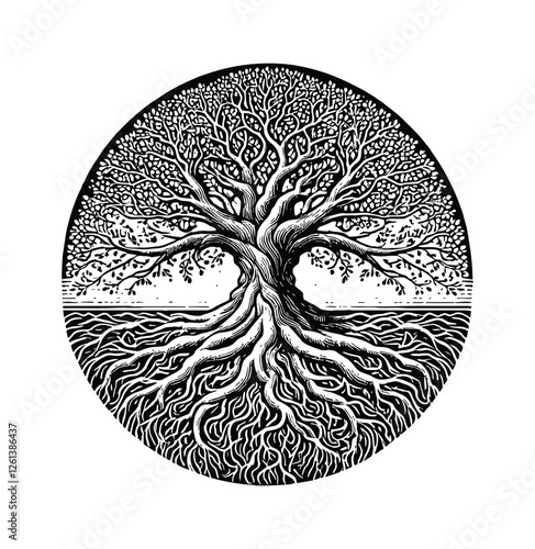 tree with sprawling branches and deep, intricate root engraving black and white outline