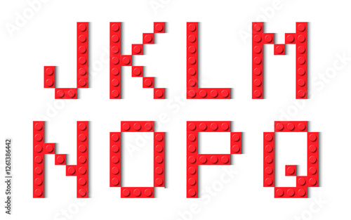 Letters of the alphabet composed of red plastic brick toy blocks. Building bricks font. Vector background illustration
