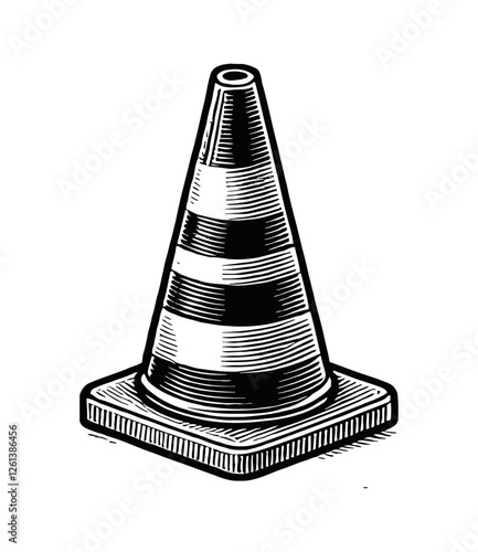 single traffic cone engraving black and white outline