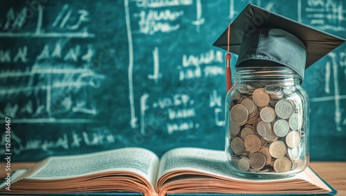 Wallpaper Mural Graduation cap on glass jar filled with coins on open book with chalkboard background illustrating education savings and financial planning concepts Torontodigital.ca