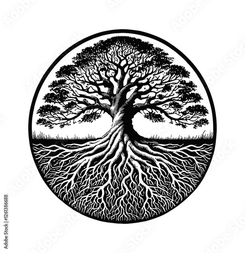 tree with sprawling branches and deep, intricate root engraving black and white outline