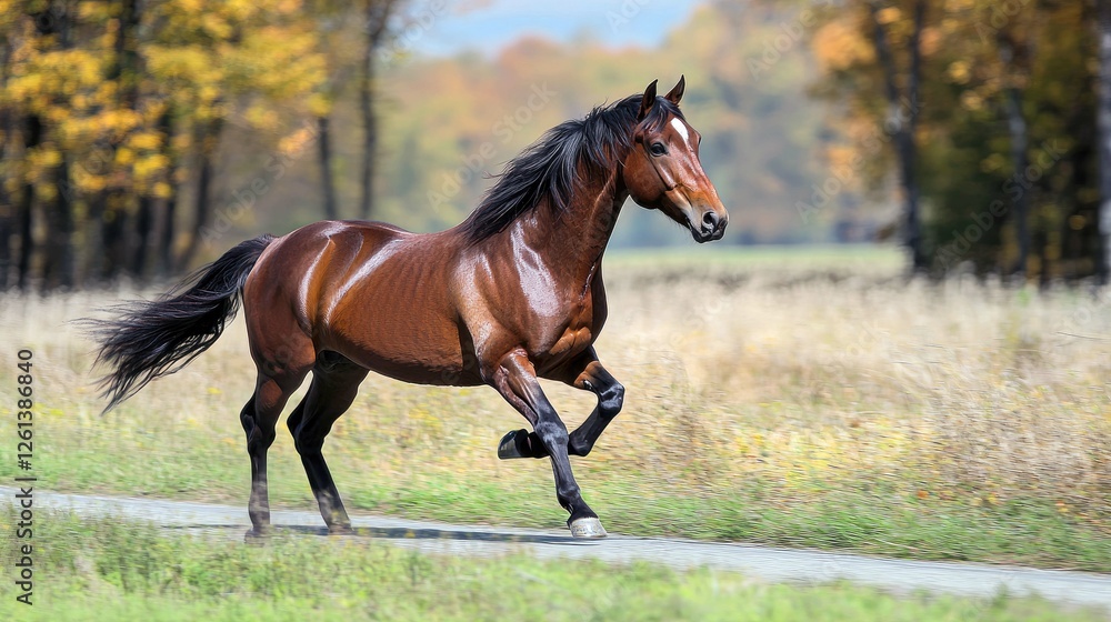 Obraz premium Majestic Brown Horse Running in Autumn Landscape: Breathtaking Photography of an Equine in Nature