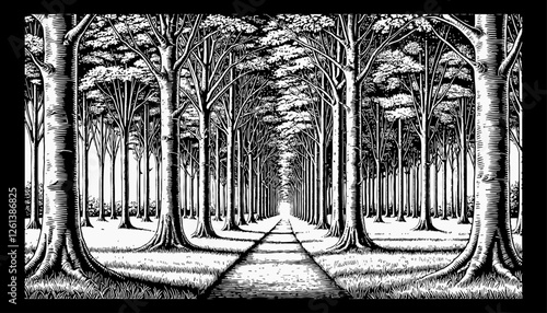 0611-ing-style illustration of a serene forest path. The scene features tall, norma