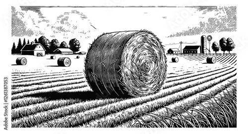 hay bale in a farm field engraving black and white outline