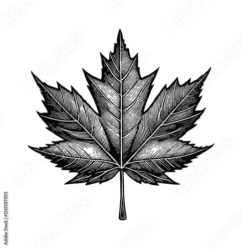 single maple leaf engraving black and white outline