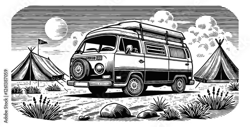 travel van engraving black and white outline