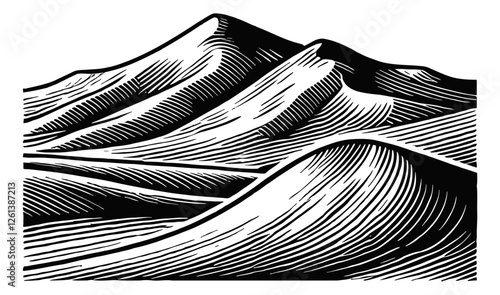 desert landscape engraving black and white outline