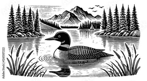 loon on a lake with a mountainous background engraving black and white outline