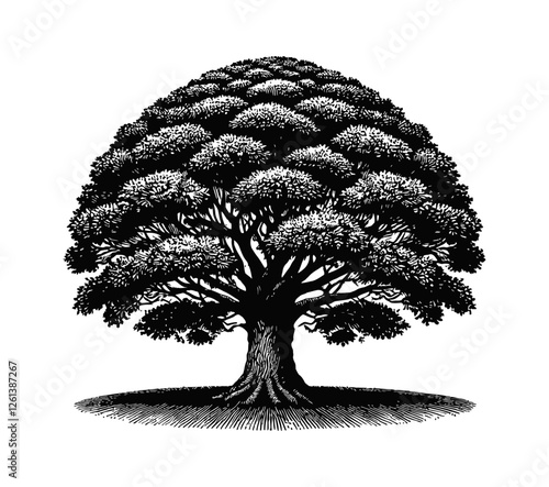 tree has a symmetrical, semi-circular canopy with dense foliage engraving black and white outline
