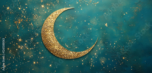 A crescent moon made of shimmering gold patterns, surrounded by tiny sparkling stars on a teal background.