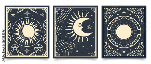 Set of cards with mystical sacred sun, moon and stars. Art prints, wall posters. Illustration