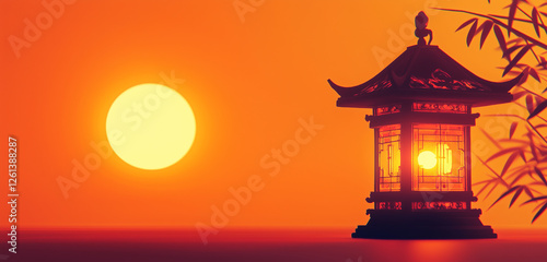 A glowing traditional lantern with intricate patterns, resting on a gradient sunset orange background.