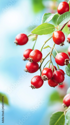 Rose hips clustering on branch, verdant leaves framing blurred azure sky, highlighting botanical detail and natural vibrancy
