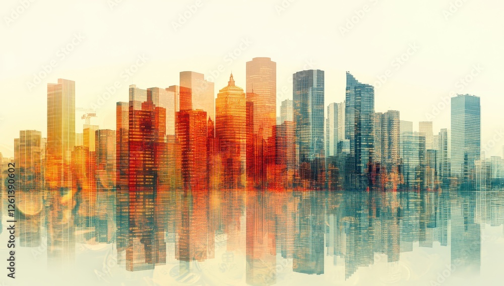 Stunning Abstract Cityscape with Colorful Reflections and Skyscrapers under Soft Sunrise Light Stunning Abstract Cityscape with Colorful Reflections and Skyscrapers under Soft Sunrise Light