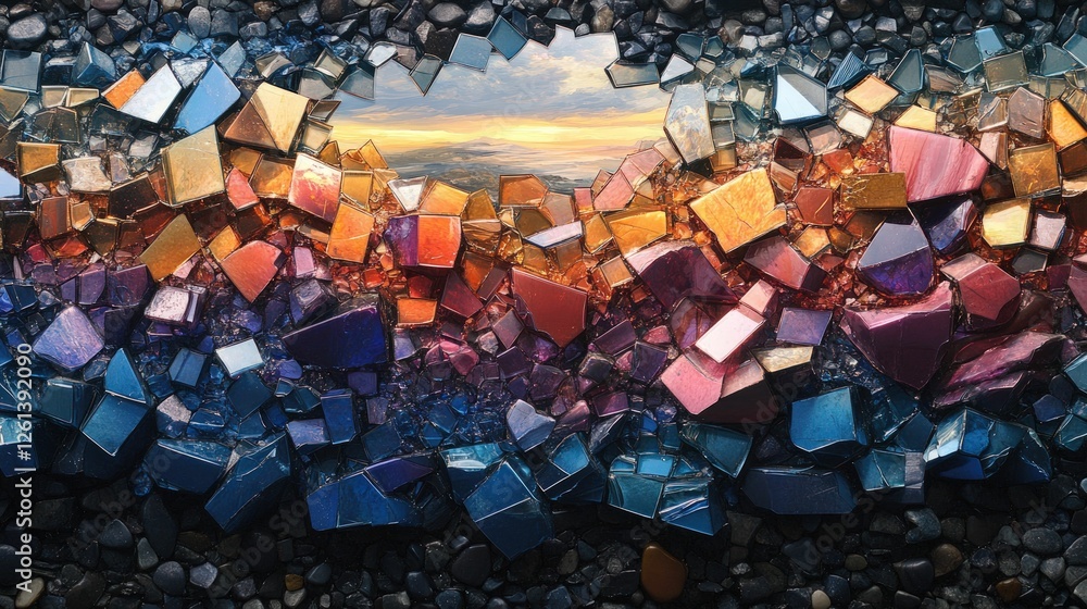 Fototapeta premium Shattered crystals reveal sunset landscape.
