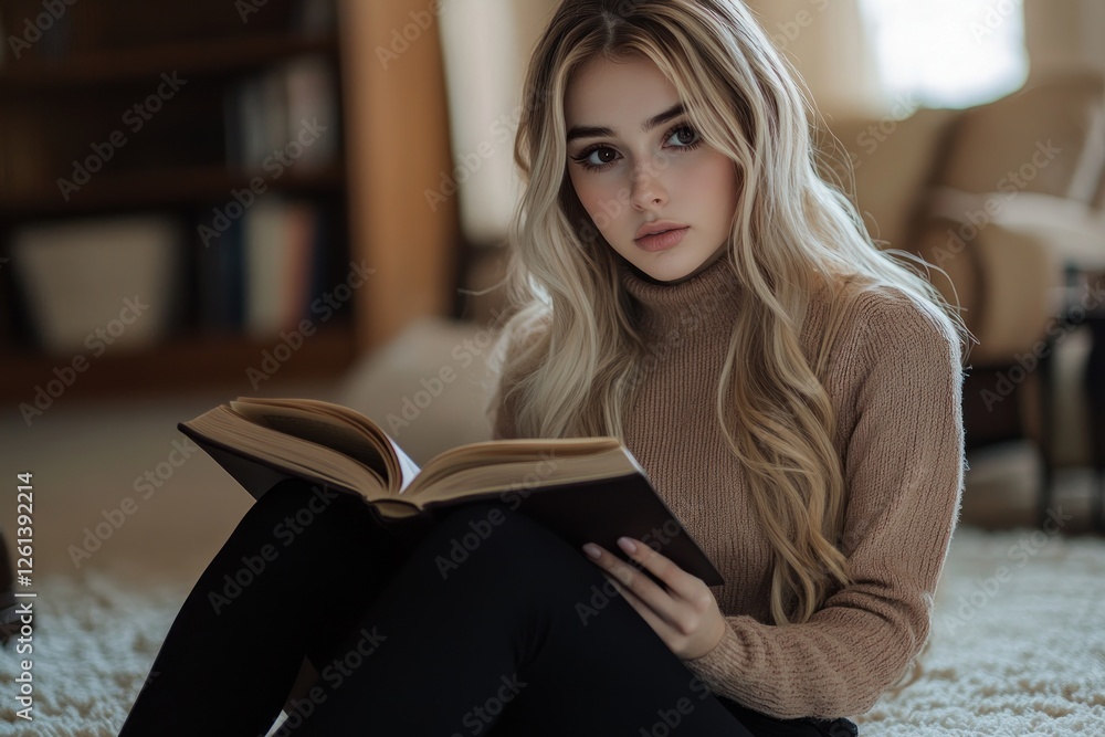 Blond Woman Reading a Book in Cozy Interior Blond Woman Reading a Book in Cozy Interior
