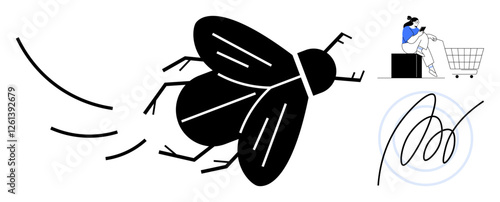 Large black fly buzzing with motion lines, woman seated beside shopping cart swatting at it, hand-drawn spirals indicating motion. Ideal for hygiene, pest control, annoyance, home cleanliness, summer