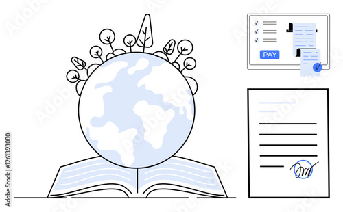 Book with globe and plants around, digital screen showing payment, and signed document. Ideal for education, e-learning, globalization, digital payments, e-signatures, documentation sustainability