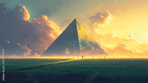 Majestic pyramid mountain at sunrise, casting a long shadow across a verdant plain. Shadowborne Paladins. Illustration photo