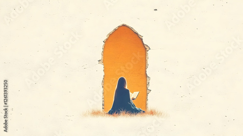 Woman reading a book in front of a glowing arched doorway.