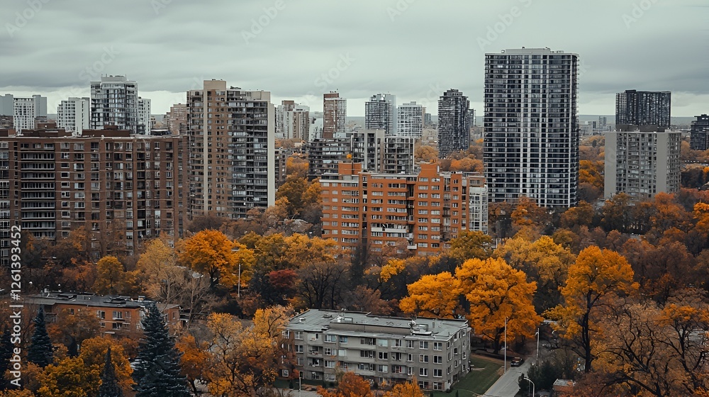 Obraz premium Autumn city skyline, trees ablaze, overcast sky, urban landscape, ideal for real estate